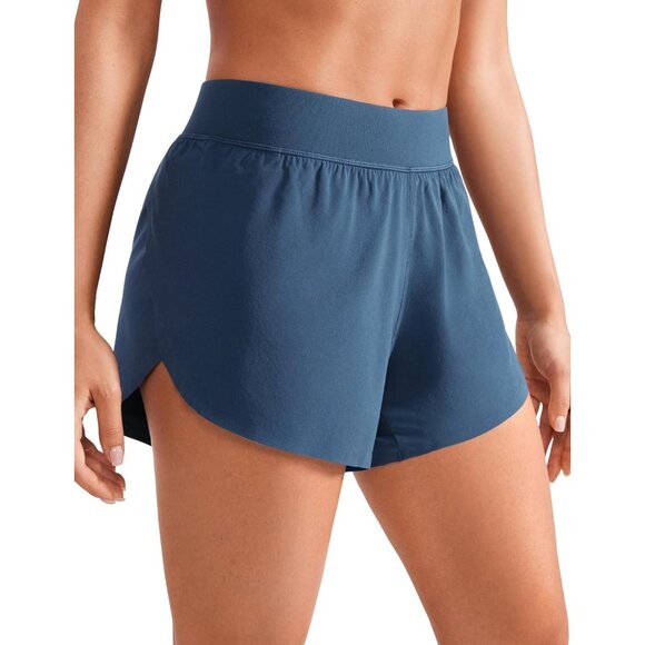 Women Blue Mid Waisted Dolphin Athletic Shorts Lightweight High Split Shorts - Picture 1 of 5